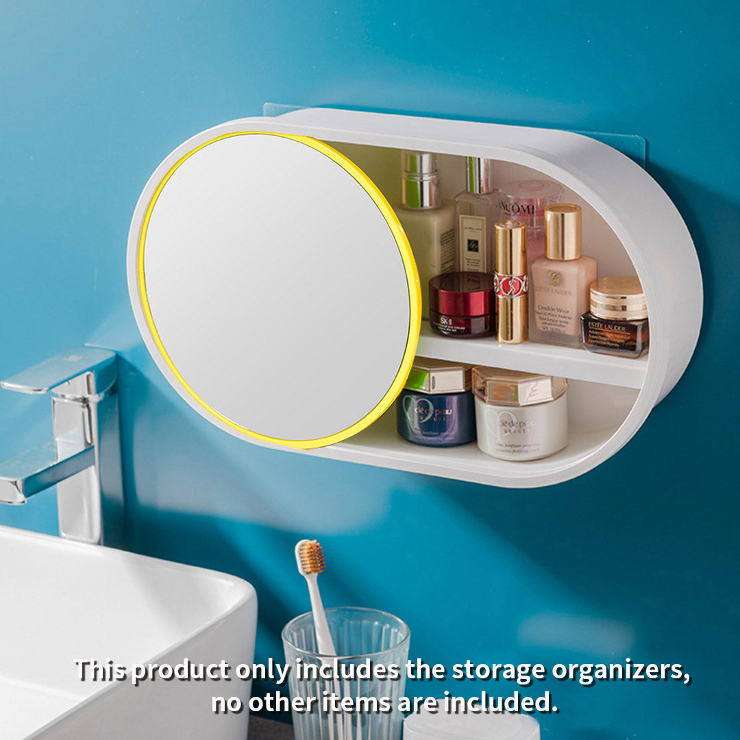 NNEAGS 2X 39cm Oval Wall-Mounted Mirror Storage Box Vanity Mirror Rack Bathroom Adhesive Shelf Home Organiser Decor-2