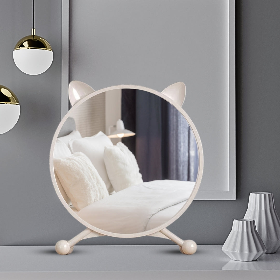 NNEAGS 30cm White Smart Makeup Bedroom Table Mirror Cat Ear Style No LED Light-2