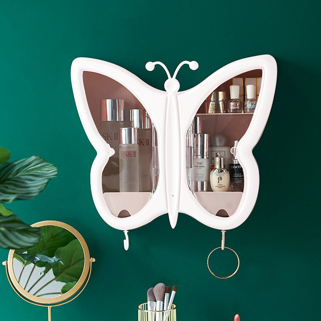NNEAGS 2X White Butterfly Shape Wall-Mounted Makeup Organiser Dustproof Waterproof Bathroom Storage Box Home Decor-2