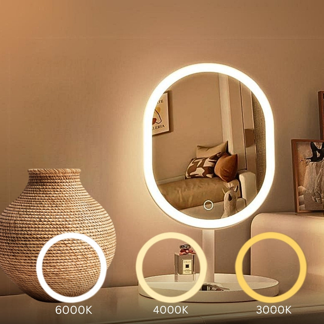 NNEAGS 26cm White Oval Smart LED Makeup Bedroom Table Vanity Mirror Tricolor Adjustable Light-3
