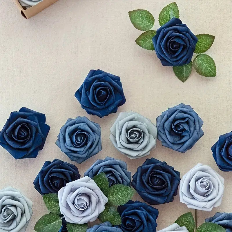 25-Piece Soft-Touch Foam Artificial Rose Flowers - Five Shades of Blue-4