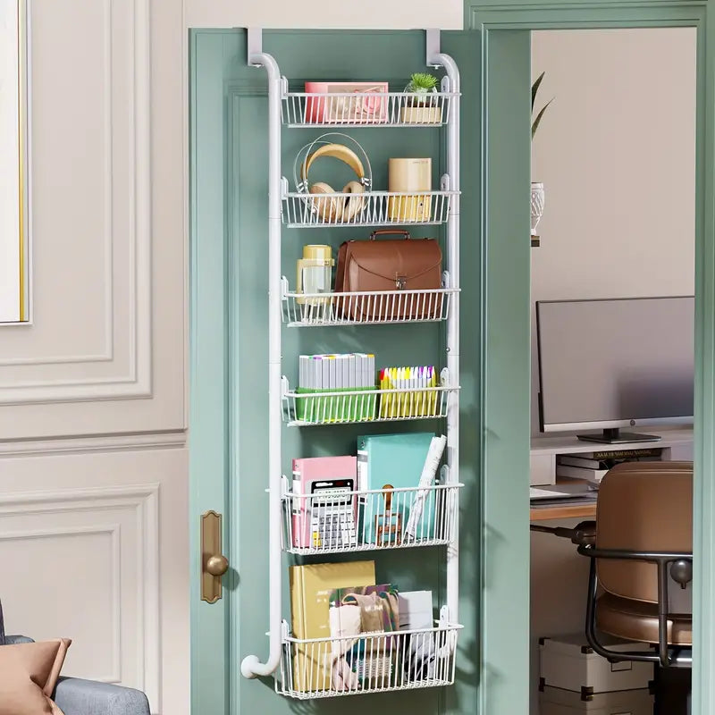 White Multi-Layer Metal Hanging Storage Basket - Over the Door Organizer with 6 Tiers-1