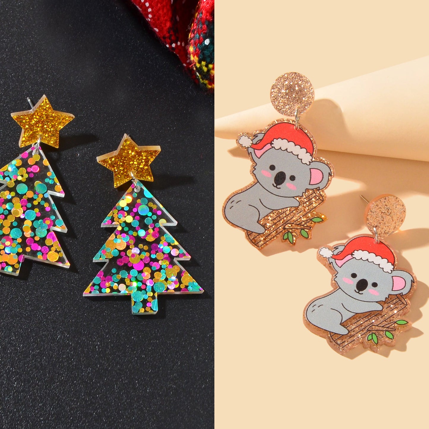 2 pairs Christmas Festival Jewelry Sequin Decor Acrylic Tree Koala Earrings set-3