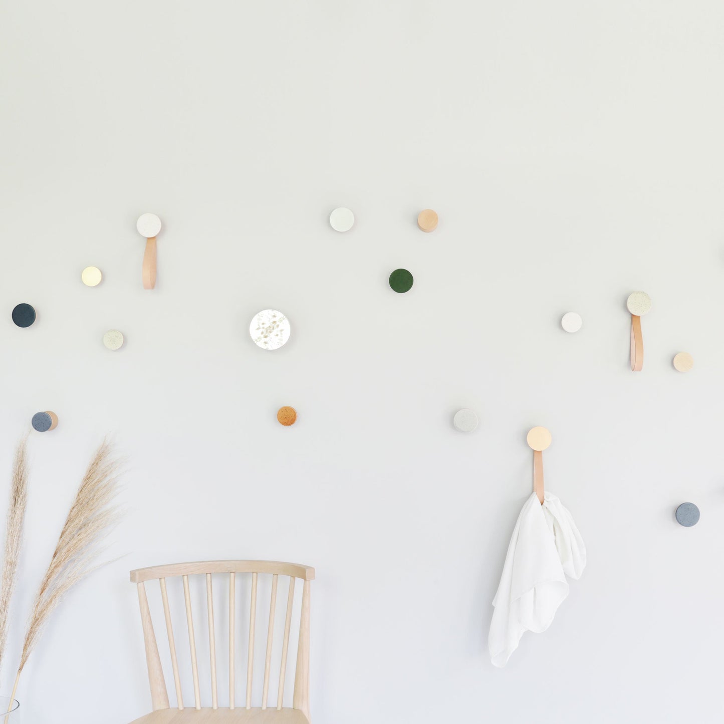 Round Beech Wood & Ceramic Wall Mounted Coat Hook / Hanger with Leather Strap - White Sand-4