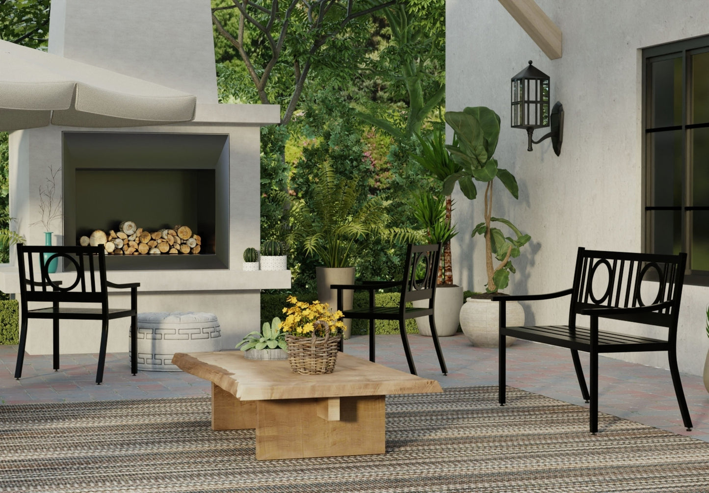45" Black Metal Geometric Back Garden Patio Bench-6