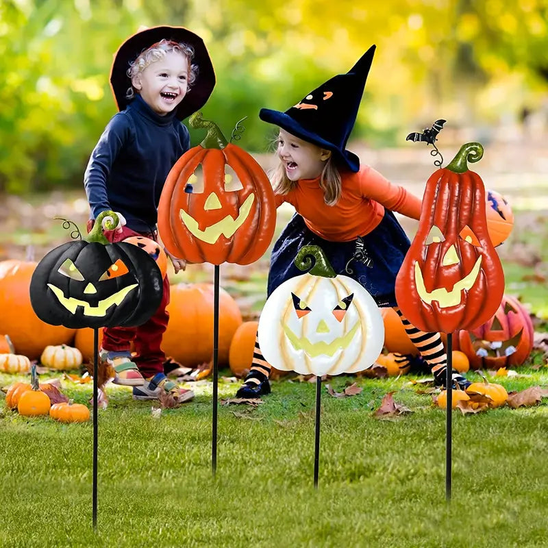 Spooktacular Glow: Set of 4 Halloween Fluorescent Pumpkin Yard Signs-2