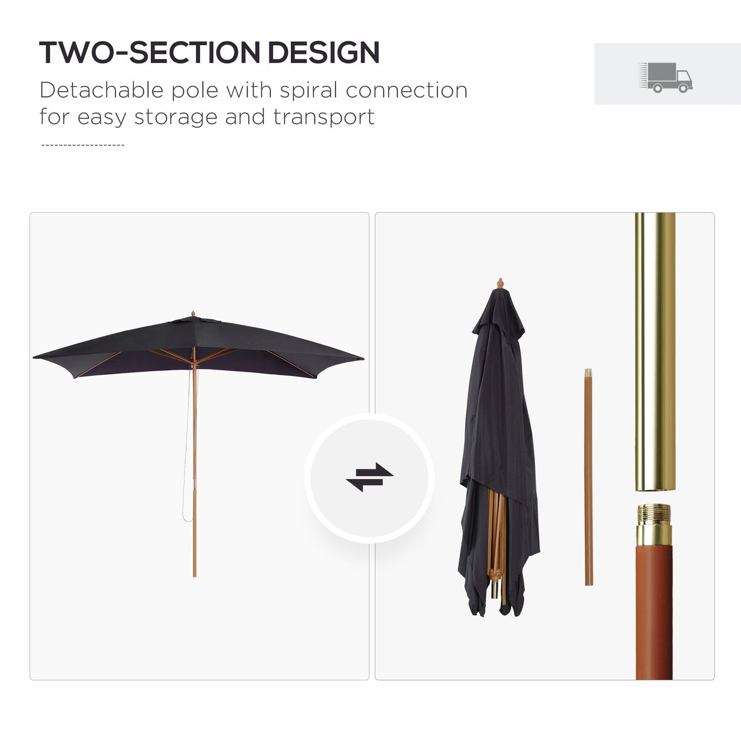 Wooden Garden Patio Parasol Umbrella with Vent - Black-4