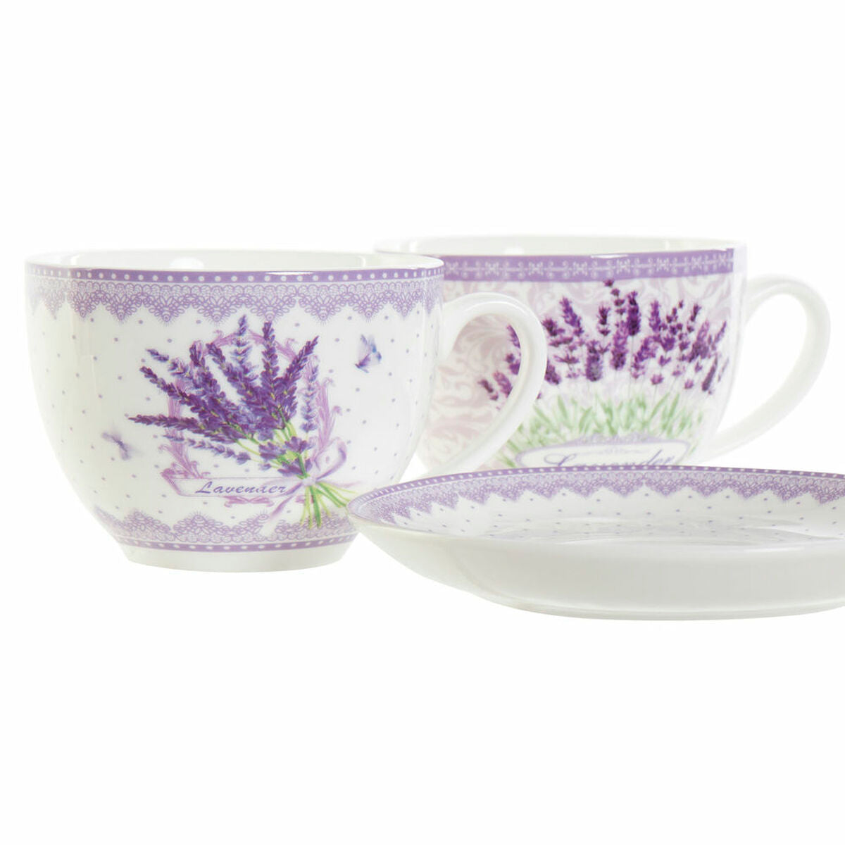 Cup with Plate DKD Home Decor White Green Lilac Porcelain 220 ml (2 Units)-2