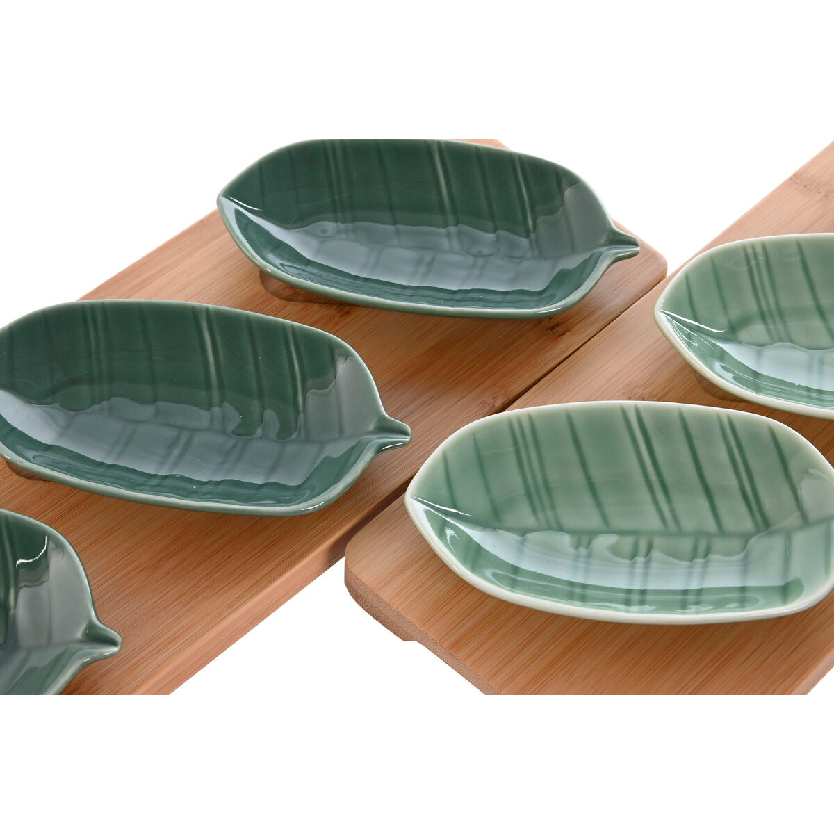 Appetizer Set Home ESPRIT Green Dark green Bamboo Porcelain Tropical 4 Pieces 28,4 x 10,5 x 3 cm (2 Units)-2