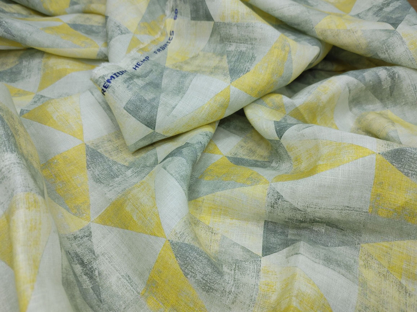 Geometric Print Hemp Fabric | Yellow & Grey | Organic | 145gsm | 147cm Wide-3