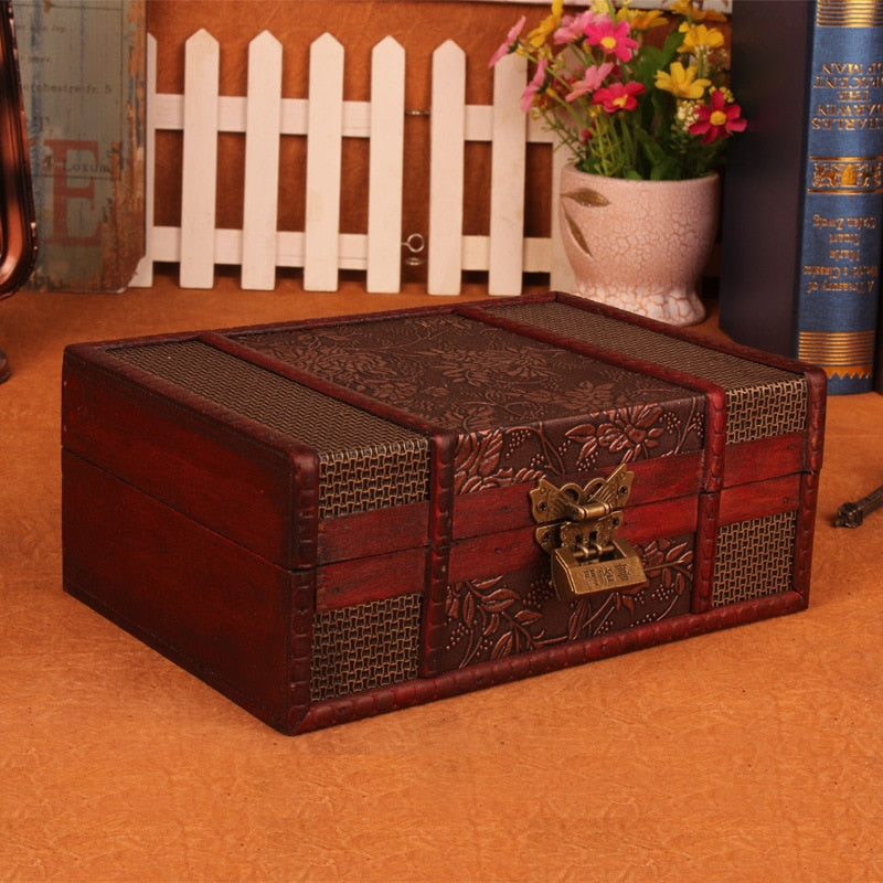 European vintage Wood box with lock storage box rectangle Desktop box antique wooden jewelry box-2