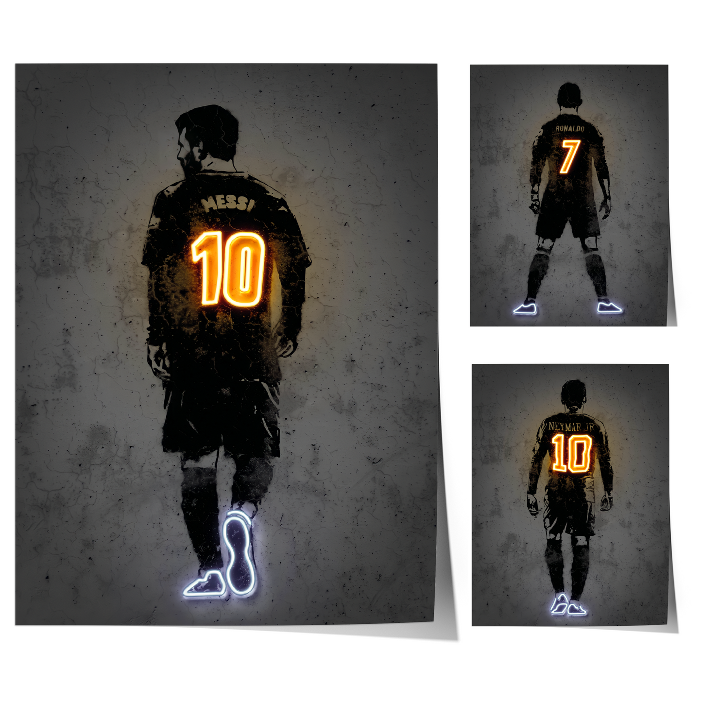 Poster Fußball Lionel Messi Nummer 10 Christiano Ronaldo 7 und Neymar Jr. 10 mit Neon Leucht Trikotnummer als Deko Print ohne Rahmen-0