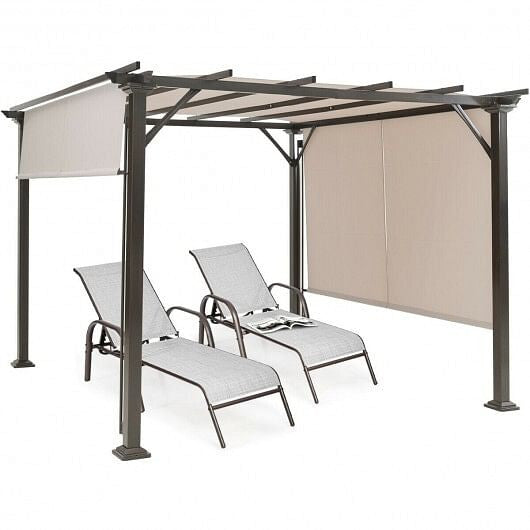 10 x 10 Feet Metal Frame Patio Furniture Shelter-Beige-3
