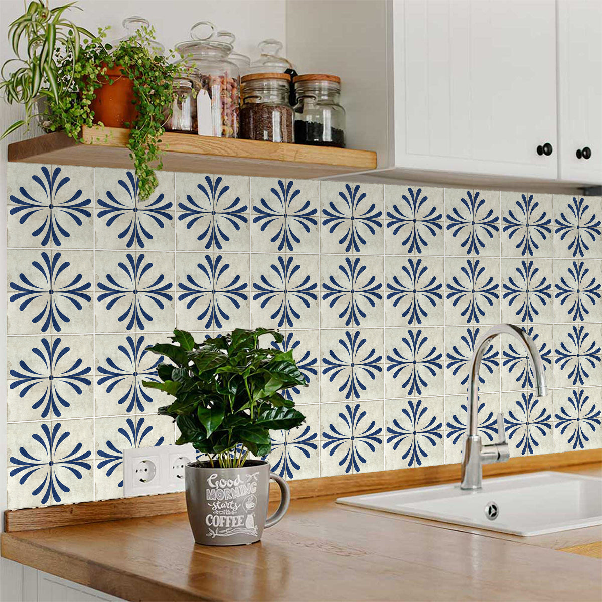 Dark Blue Cream Vintage Flower Design Tile Stickers Model - R1132-2