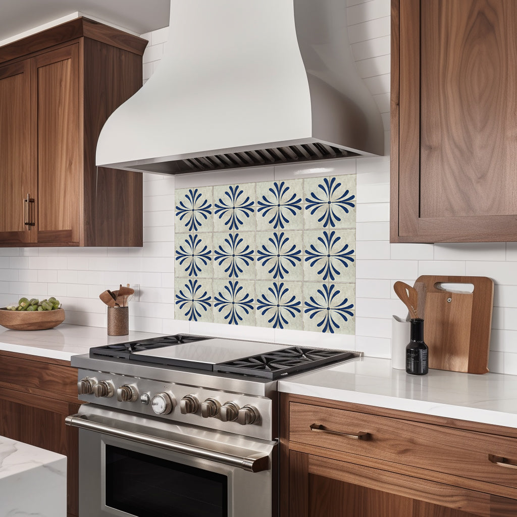 Dark Blue Cream Vintage Flower Design Tile Stickers Model - R1132-4
