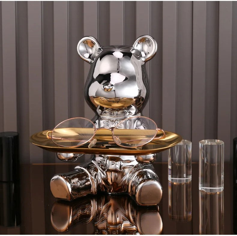 Sculpted Elegance: Silver-B Ceramic Electroplated Bear Doll Ornament-1