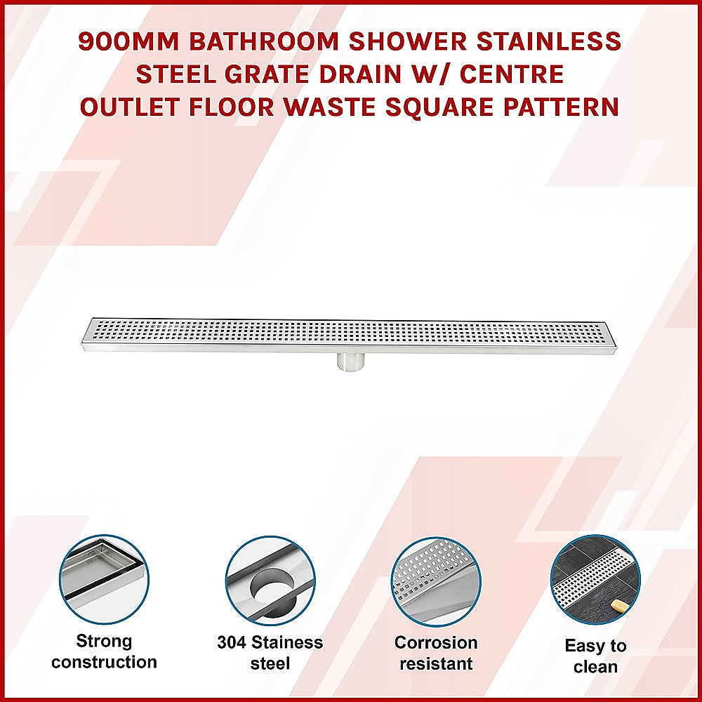 NNEDSZ 900mm Bathroom Shower Stainless Steel Grate Drain w/Centre outlet Floor Waste Square Pattern-2