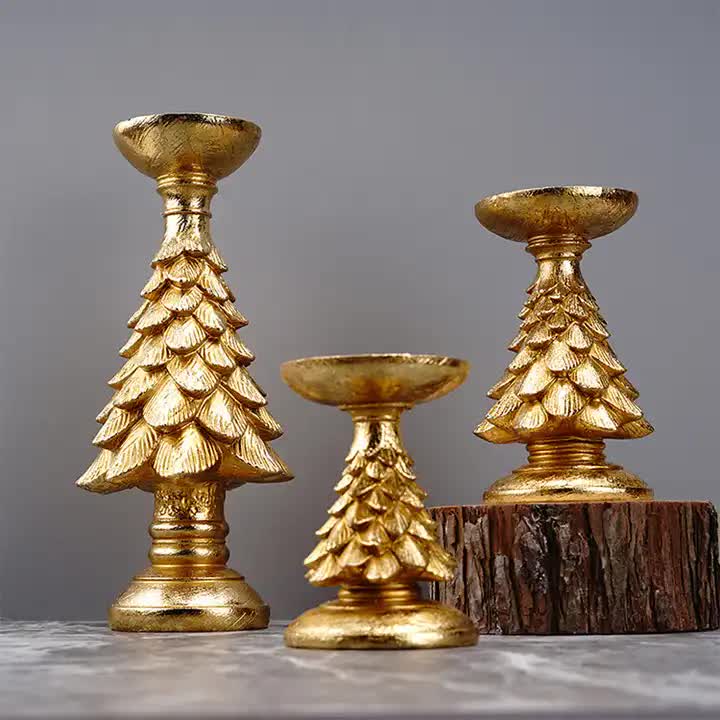 NNEDSZ Set of 3 Gold Christmas Tree Candle Holders - Festive Resin Pillar Stands, Elegant Holiday Decor-2