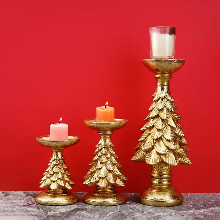 NNEDSZ Set of 3 Gold Christmas Tree Candle Holders - Festive Resin Pillar Stands, Elegant Holiday Decor-3