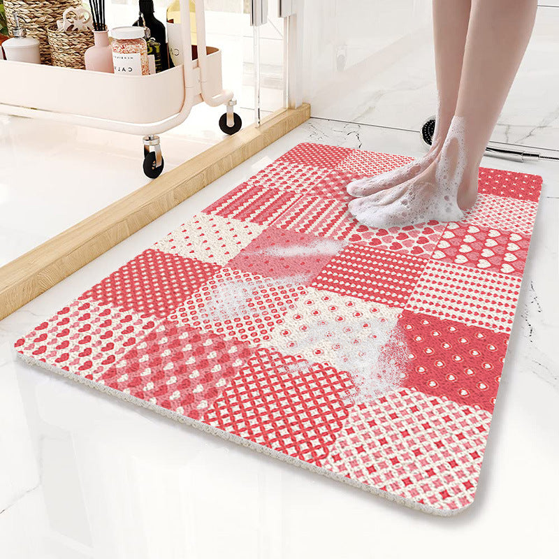NNEDSZ Pink Checkered Pattern PVC Non-Slip Bath Mat 50x80cm - Shower Drain Hole Design, Soft & Quick-Dry Bathroom Rug-0