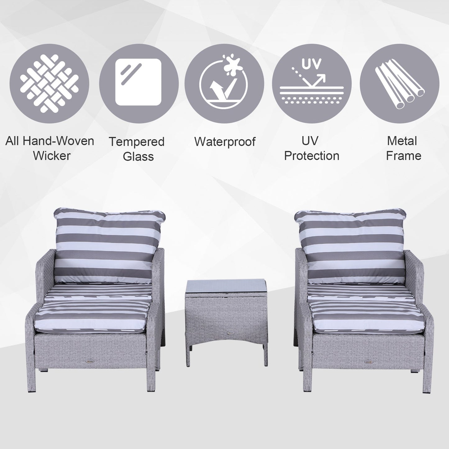 5 Piece PE Rattan Garden Furniture Set with Cushions and Glass Table - Grey-3