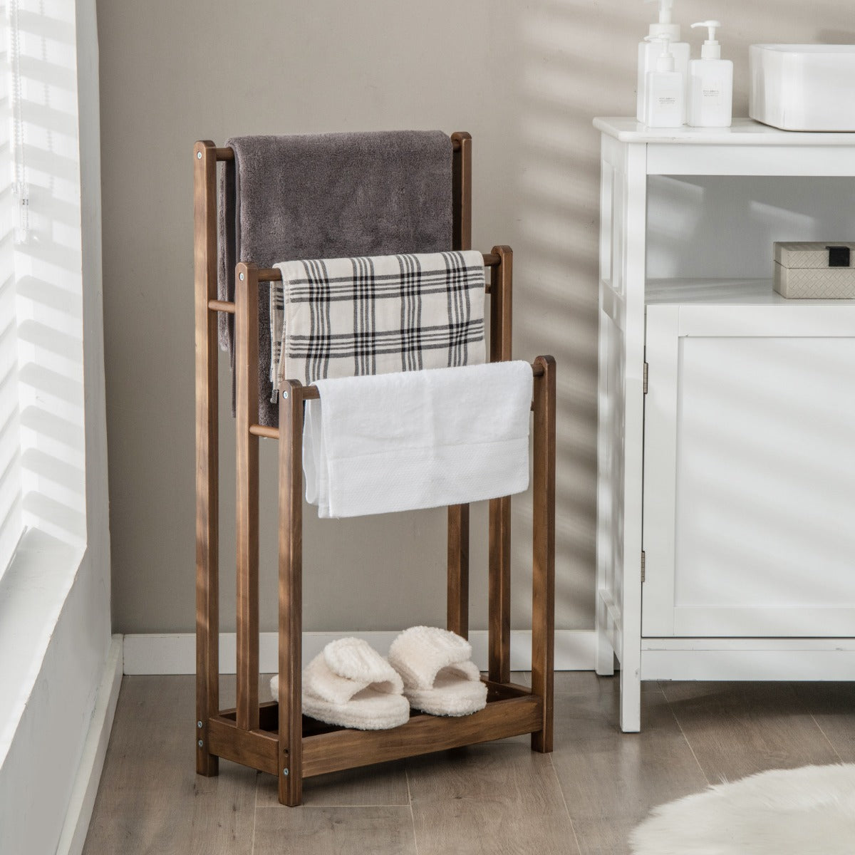 NNECW Freestanding Wood Towel Rack with Bottom Storage Shelf for Bathroom-Coffee-0