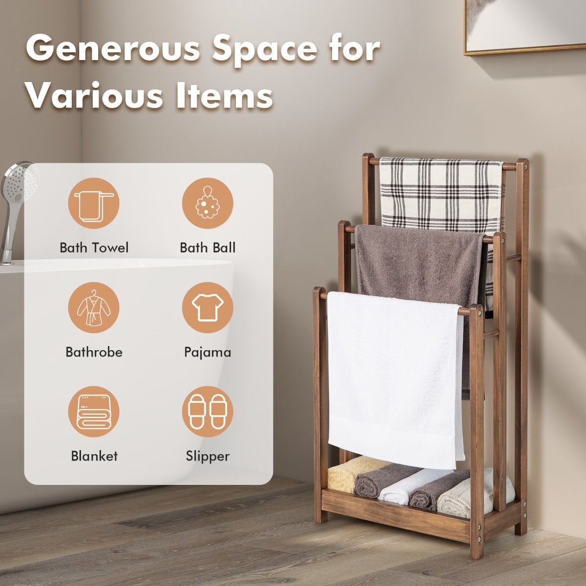 NNECW Freestanding Wood Towel Rack with Bottom Storage Shelf for Bathroom-Coffee-2
