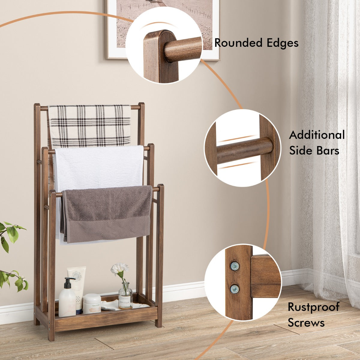 NNECW Freestanding Wood Towel Rack with Bottom Storage Shelf for Bathroom-Coffee-4