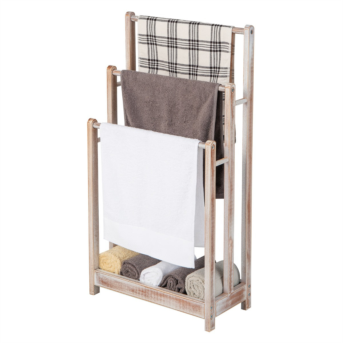 NNECW Freestanding Wood Towel Rack with Bottom Storage Shelf for Bathroom-White-1