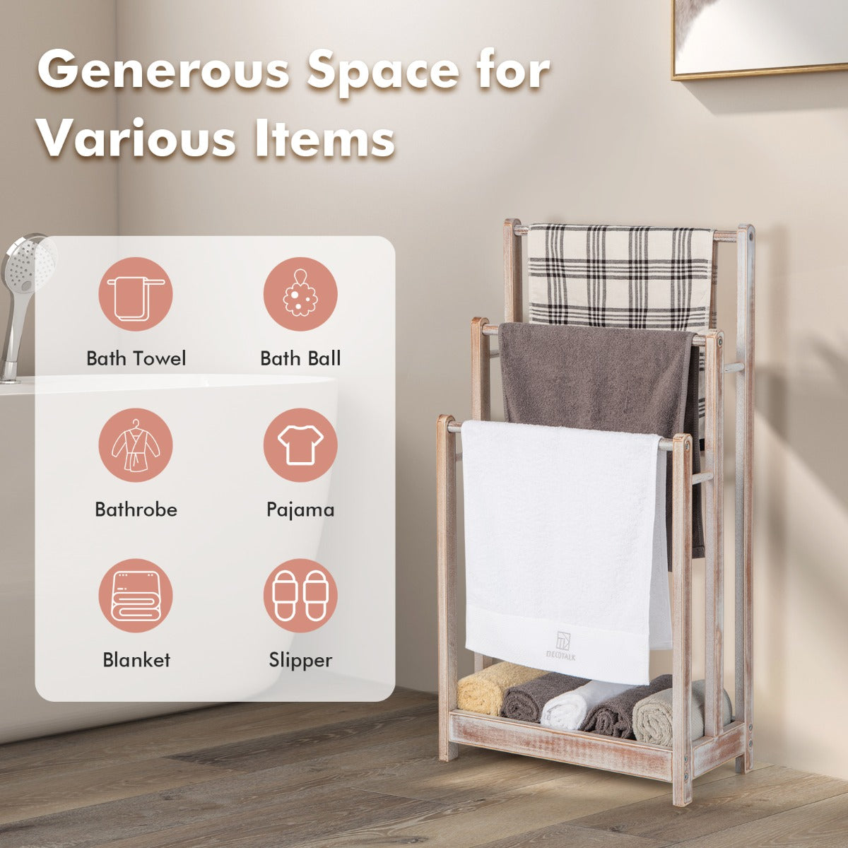 NNECW Freestanding Wood Towel Rack with Bottom Storage Shelf for Bathroom-White-2