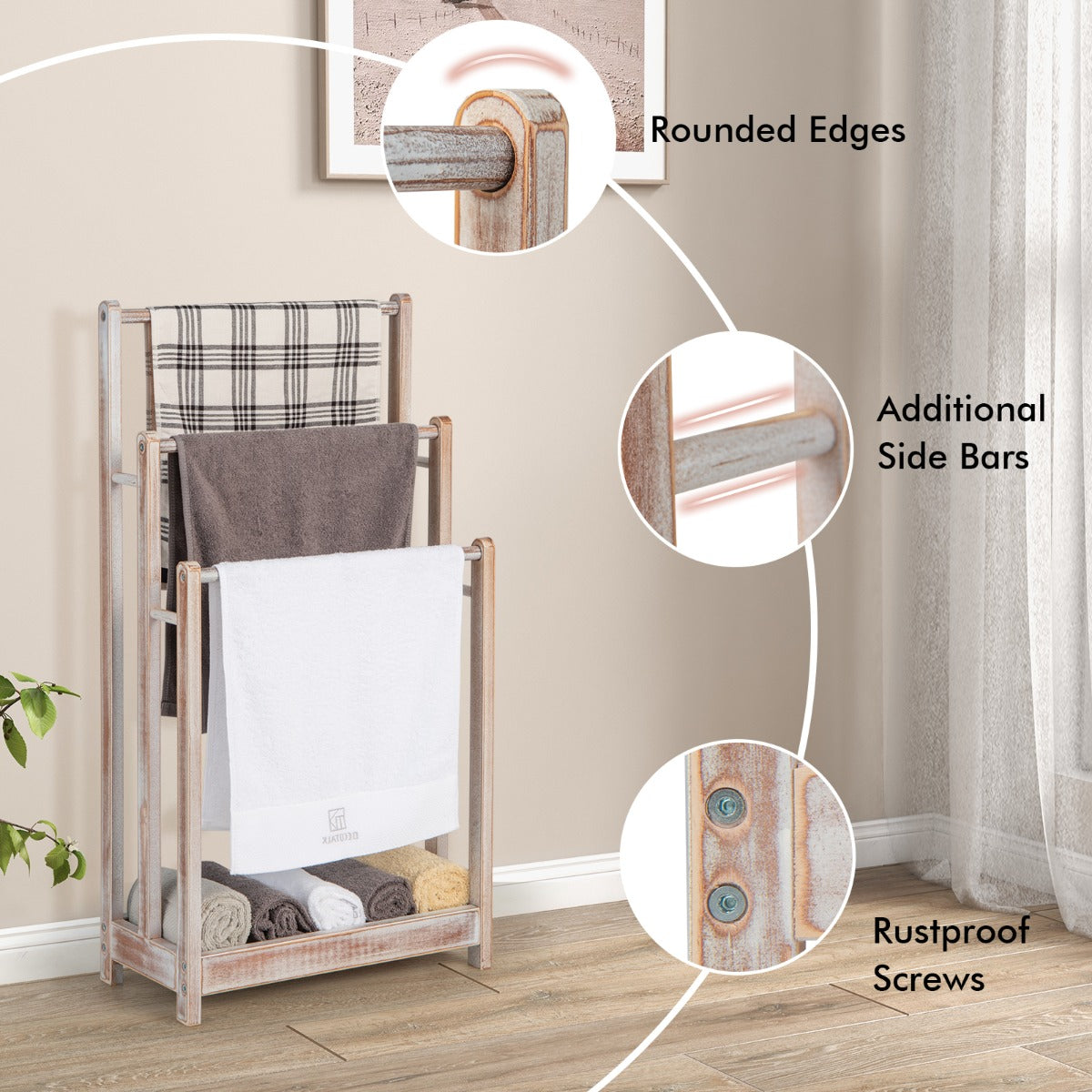 NNECW Freestanding Wood Towel Rack with Bottom Storage Shelf for Bathroom-White-4