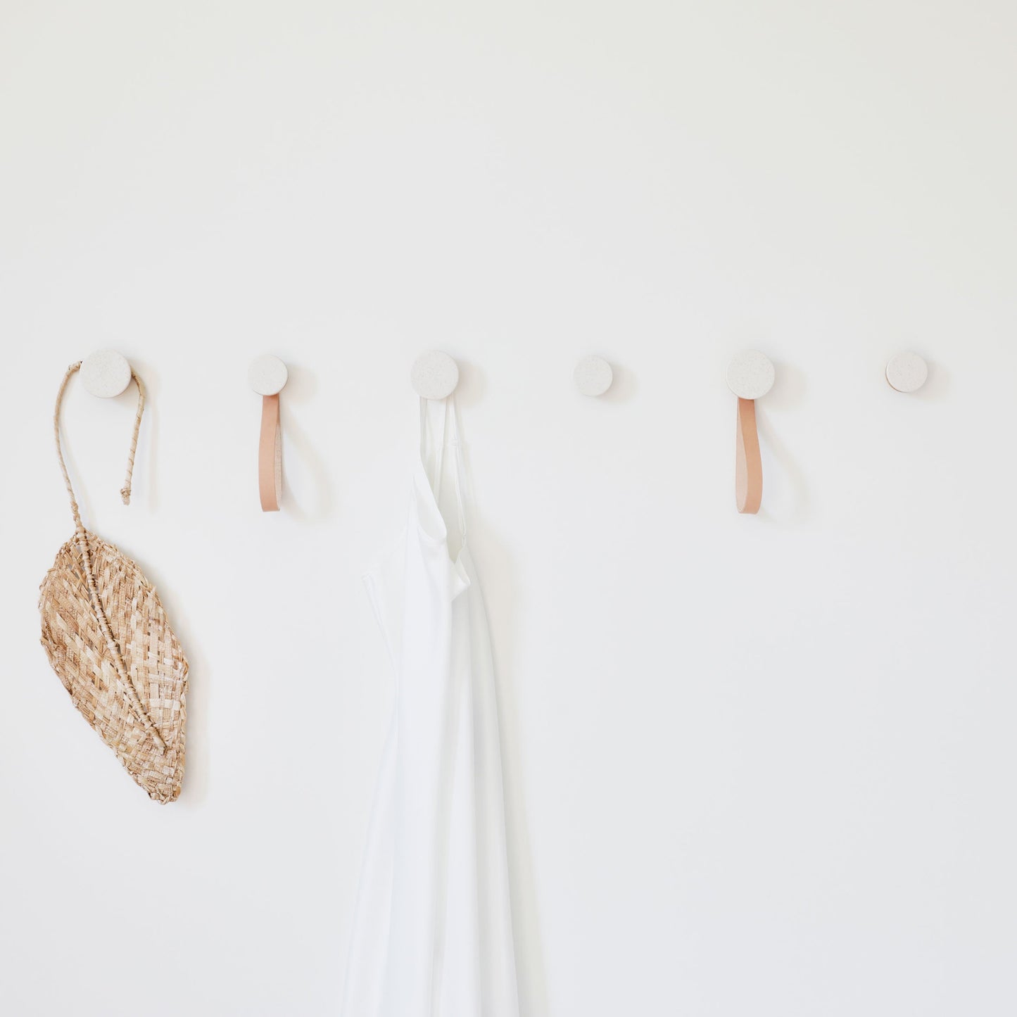 Round Beech Wood & Ceramic Wall Mounted Coat Hook / Hanger with Leather Strap - White Sand-2