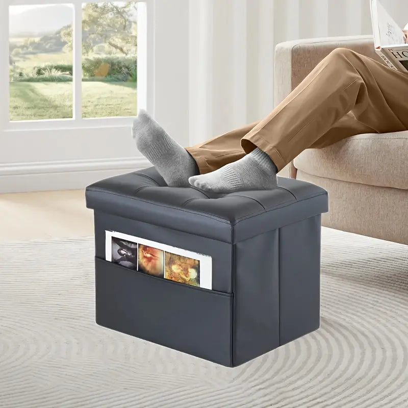 Black PU Leather Storage Ottoman: Folding Foot Stool with Thicker Foam-3