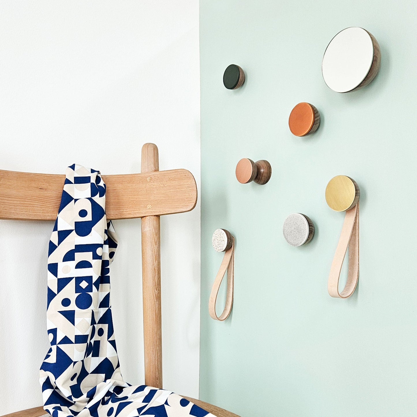 Round Walnut Wood & Ceramic Wall Mounted Coat Hook / Hanger with Leather Strap - Speckled White-4