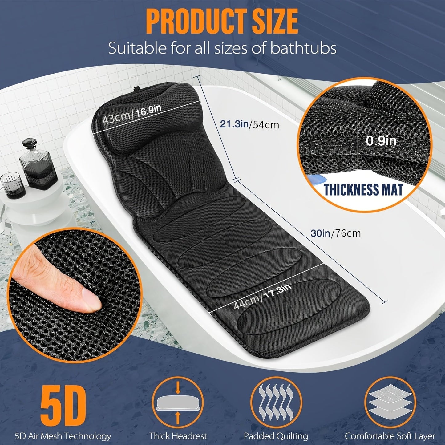 NNETM 5D Mesh Bathtub Pillow Mat with Suction Cups-2