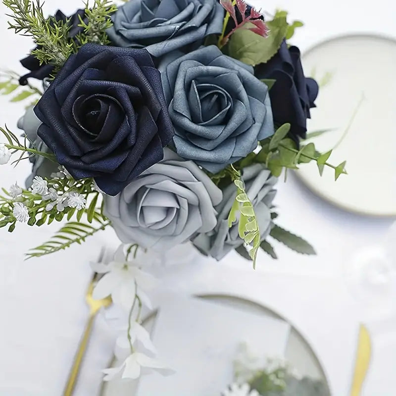 25-Piece Soft-Touch Foam Artificial Rose Flowers - Five Shades of Blue-3