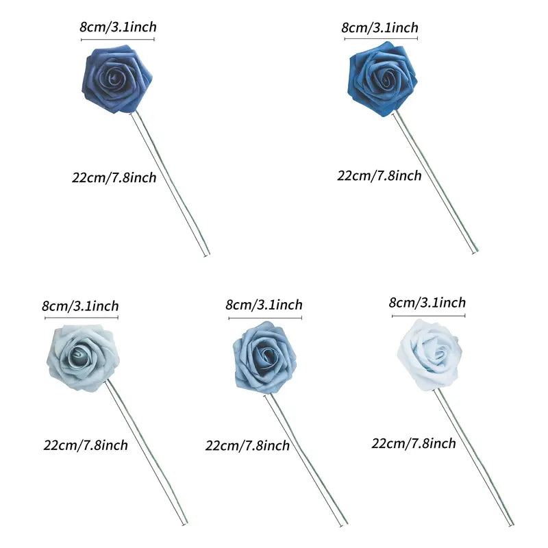 25-Piece Soft-Touch Foam Artificial Rose Flowers - Five Shades of Blue-2