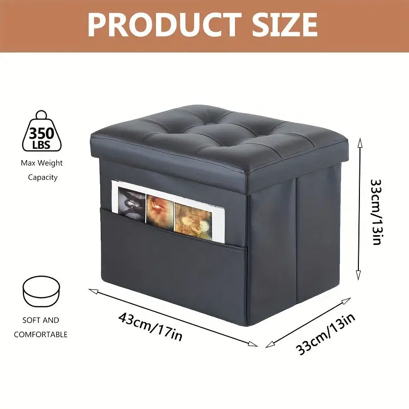 Black PU Leather Storage Ottoman: Folding Foot Stool with Thicker Foam-4
