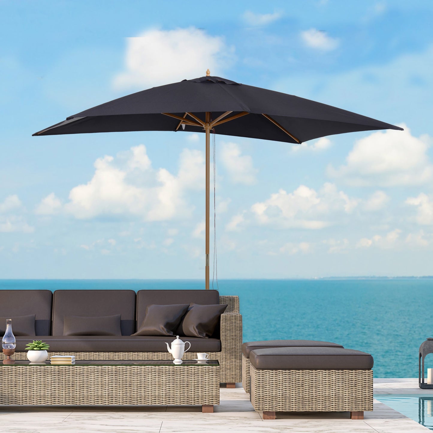 Wooden Garden Patio Parasol Umbrella with Vent - Black-1