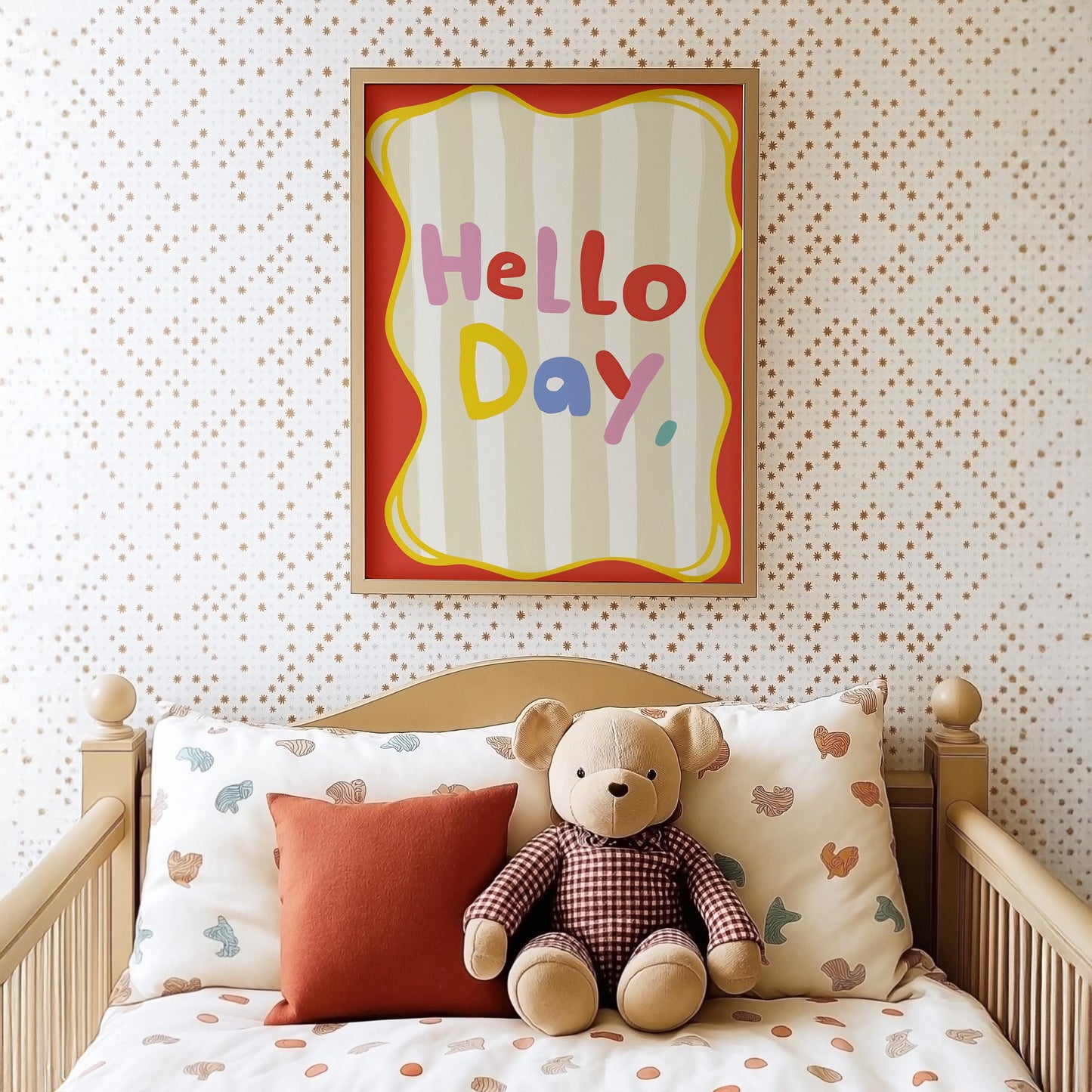 Poster Kinderzimmer · Hello Day Schriftzug · Fröhliches Spruchposter in bunten Farben · Gute-Laune-Deko für Kinder · Dekoprint ohne Rahmen-4