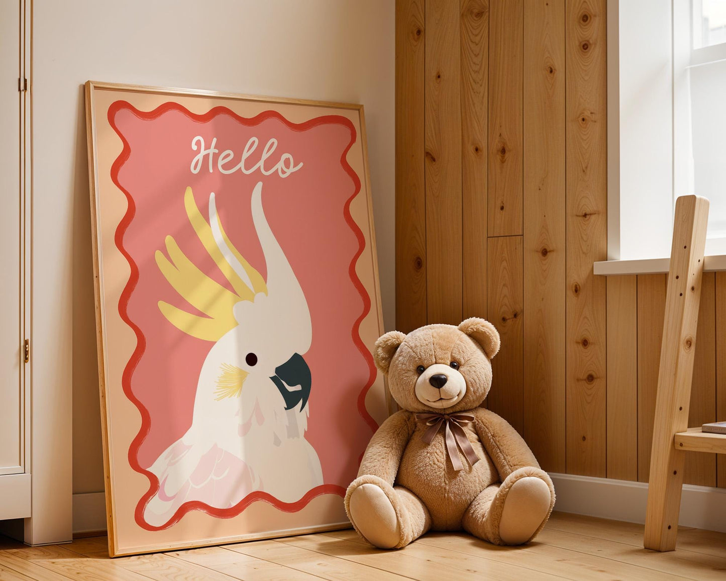 Poster Kinderzimmer Vogel · Kakadu mit Hello Schriftzug · Bunte Tierillustration · Tropische Wanddeko für Kinder · Deko Print Ohne Rahmen-3