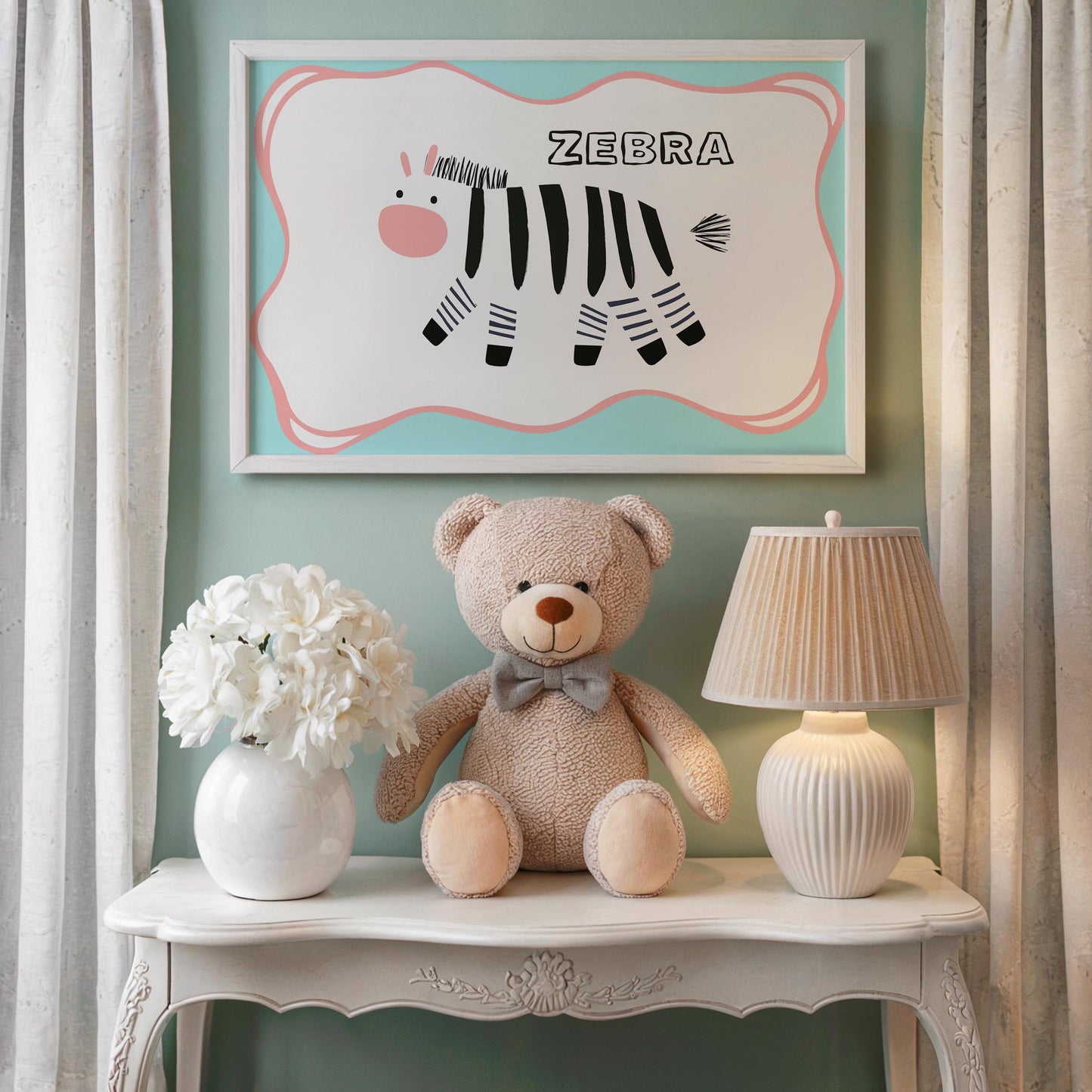 Poster Kinderzimmer Zebra · Tierposter mit schwarz-weißem Zebra im Skandi-Stil · Bunte Wanddeko für Kinder & Babys · Deko ohne Rahmen-2