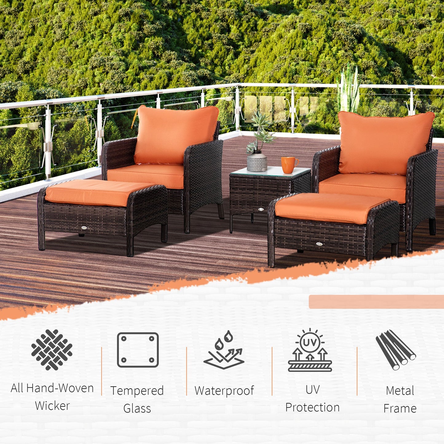 5 Piece PE Rattan Garden Furniture Set with Cushions and Glass Table - Brown-3