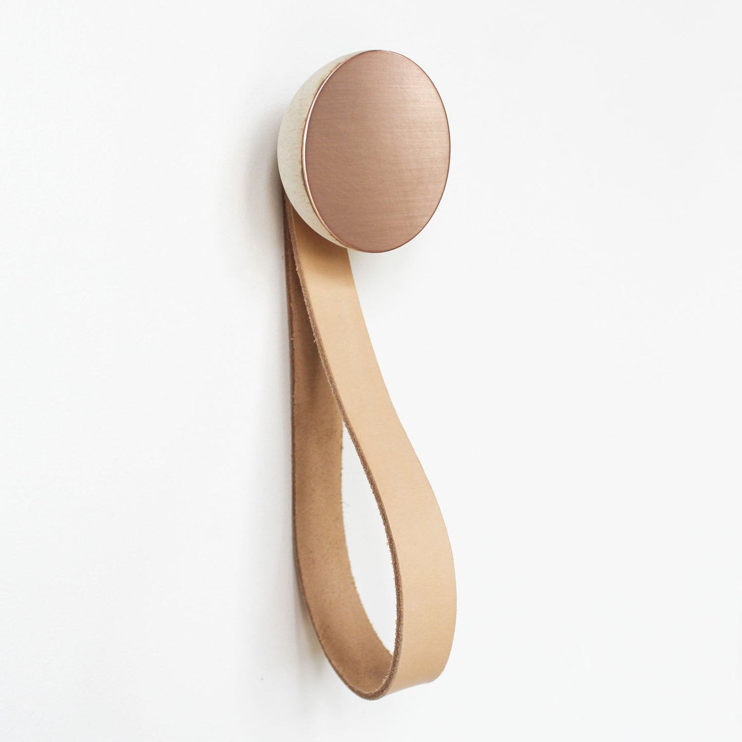 Round Beech Wood & Copper Wall Mounted Coat Hook / Hanger with Leather Strap-1