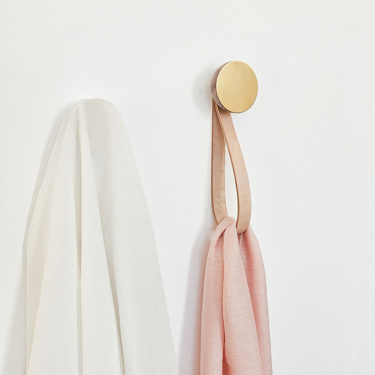 Round Walnut Wood & Brass Wall Mounted Hook / Hanger with Leather Strap-3