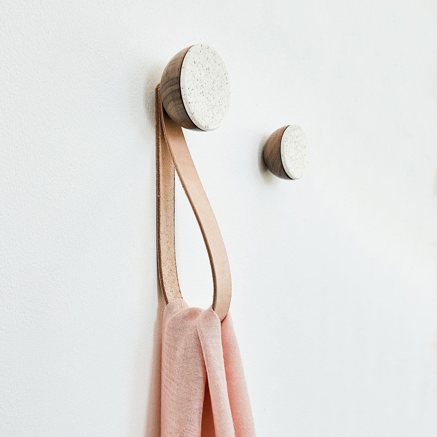 Round Walnut Wood & Ceramic Wall Mounted Coat Hook / Hanger with Leather Strap - Speckled White-1
