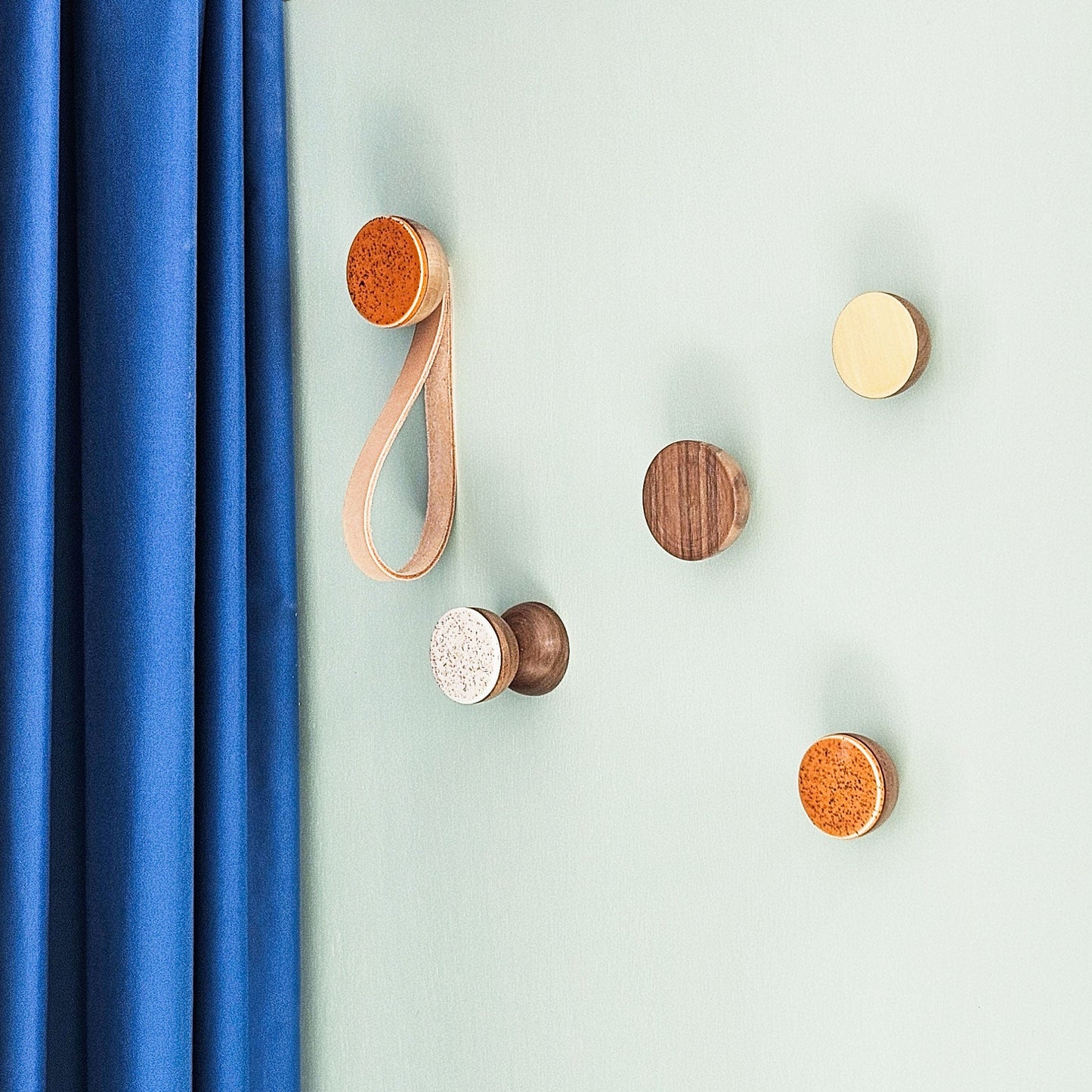 Round Walnut Wood & Ceramic Wall Mounted Coat Hook / Hanger with Leather Strap - Terracotta Orange Specks-2