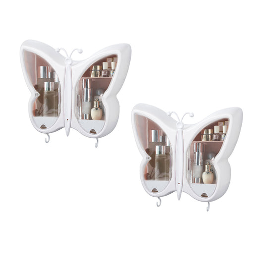 NNEAGS 2X White Butterfly Shape Wall-Mounted Makeup Organiser Dustproof Waterproof Bathroom Storage Box Home Decor-0