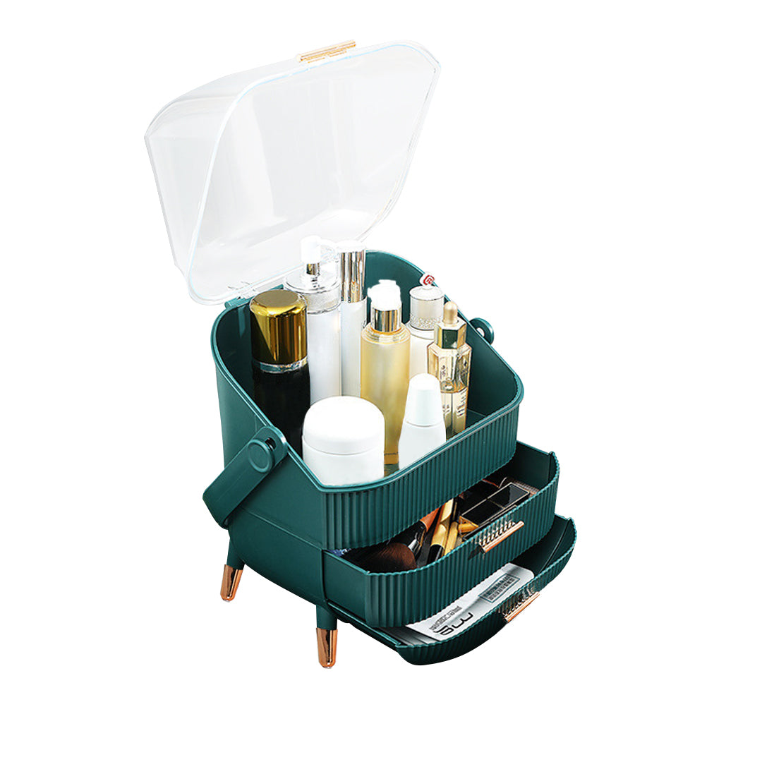 NNEAGS 29cm Green Countertop Makeup Cosmetic Storage Organiser Skincare Holder Jewelry Storage Box with Handle-0