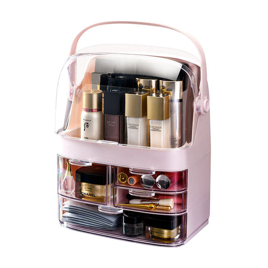 NNEAGS 3 Tier Pink Countertop Makeup Cosmetic Storage Organiser Skincare Holder Jewelry Storage Box with Handle-0